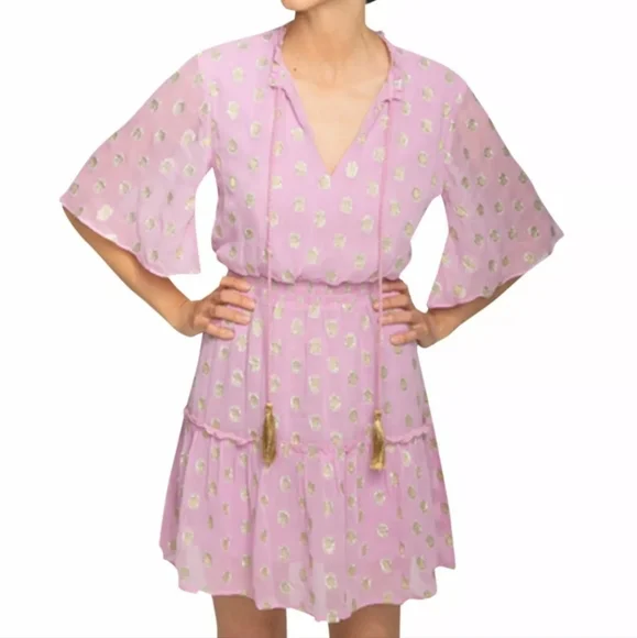 NWT Raga Womens Dress Purple Golden Dot Tie-Neck Flutter Sleeve mini S. 💜 - Picture 1 of 4